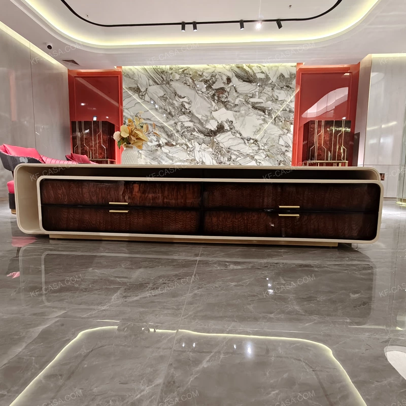 Luxury TV Stand with Rounded Cream Frame Dark Natural Wood Veneer Panels and Stainless Steel Handles